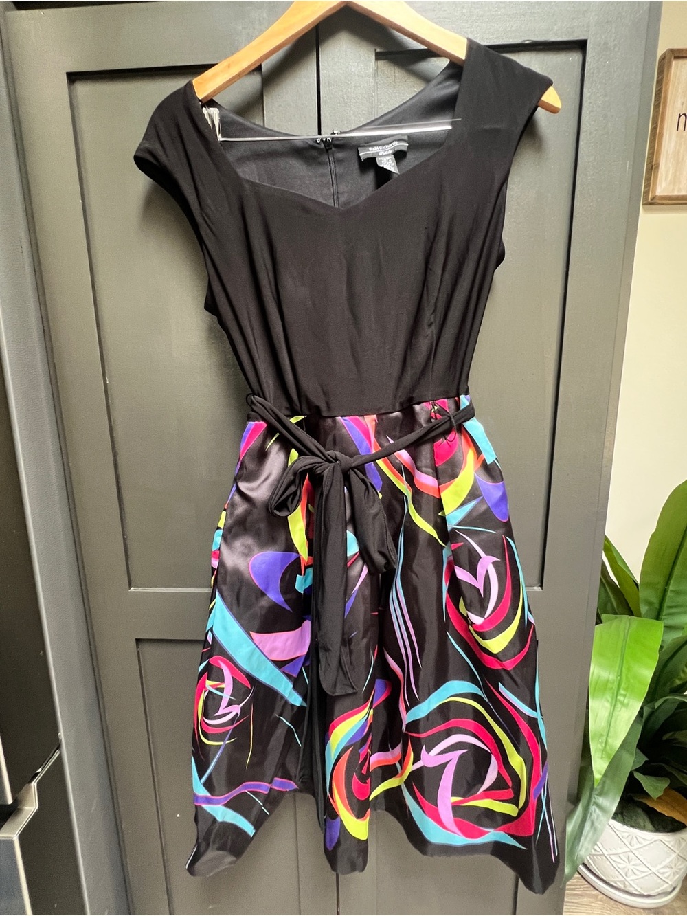 R&M Richards Black Bodice Multicolor Swirl Print Midi Dress